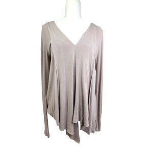 sen Greige Soft Ribbed VNeck Designer Asymmetrical Tunic Dress Top Lagenlook USA